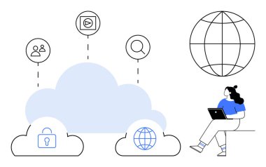 Güvenlik, kullanıcı erişimi ve küresel bağlantıyı temsil eden bulut simgelerinin yanında dizüstü bilgisayar kullanan kişi. Bulut hesaplama, çevrimiçi güvenlik, küresel ağ, dijital hizmetler, veri depolama için ideal