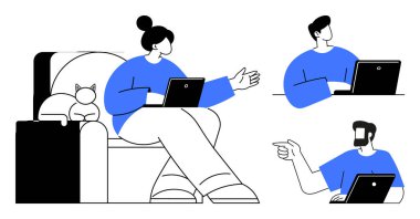 Uzaktan görüşmek için dizüstü bilgisayar kullanan üç kişi. Kanepede kedisiyle oturan bir kişi. Takım çalışması için ideal, uzaktan çalışma, ev ofisi, iletişim, işbirliği