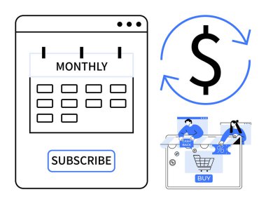 Abone düğmeli aylık takvim. Yinelenen bir süreci gösteren oklarla dolar işareti. Satın alma düğmesi, nakit para ve indirim simgeleriyle çevrimiçi alışveriş unsurları. E-ticaret için ideal.