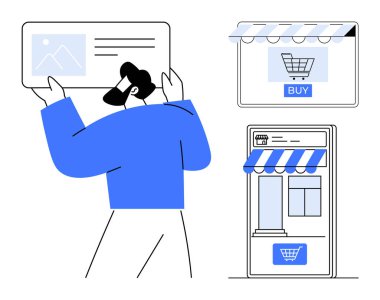 Elinde tablet olan bir adam, çevrimiçi bir mağazayı gözetlerken, ek vitrinler de görülebilir durumda. E-ticaret, çevrimiçi alışveriş, dijital pazarlama, sanal mağazalar, mobil alımlar için ideal