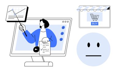 Ekranda istatistik sunan kişi, satın alma düğmeli online mağaza, tarafsız yüz, veri tablosu. Çevrimiçi öğrenme, pazarlama, e-ticaret, kullanıcı geribildirimi, veri analiz öğretim işleri için ideal