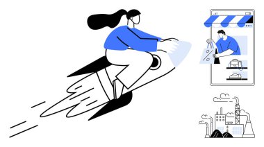 Çevrimiçi bir mağazaya doğru roket süren kişi akıllı telefondan kentsel ortamlarda verimlilik ve hızı gösteriyor. E-ticaret, teknoloji, dağıtım hizmetleri, iş büyümesi için ideal