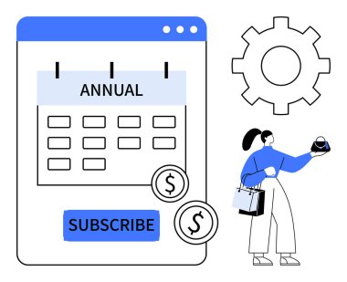 Abonelik düğmeli yıllık takvim, iki para birimi sembolü, vites simgesi ve alışveriş çantası tutan kadın. Abonelik hizmetleri, e-ticaret, mali planlama, çevrimiçi hizmetler, otomasyon için ideal