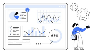 İş kadını, grafik ve grafiklerle mali konsolu analiz ediyor, holografik grafiği olan bir tabak tutuyor, arka planda vitesler var. İş analizi, finans, teknoloji, veri için ideal