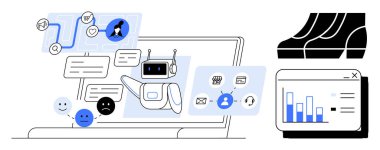 Chatbot, çeşitli kullanıcı duyguları, iş akışı simgeleri ve analitik grafik göstererek dizüstü bilgisayardaki kullanıcılarla sohbet eder. Yapay zeka, müşteri hizmetleri, otomasyon, kullanıcı geribildirimi, duygu analizi çalışma akışı için ideal