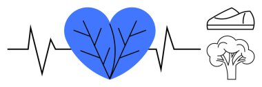 Damar benzeri çizgileri olan mavi kalp, kalp atışı çizgisi, spor ayakkabı ve ağaç. Sağlık, sağlık, zindelik, doğa, yaşam tarzı, sağlık ve çevre konuları için idealdir. Satır metaforu
