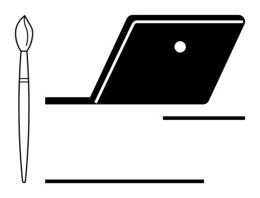 Dijital araçlar ve geleneksel sanatın karışımını vurgulayan dizüstü bilgisayar ve boya fırçası çizimi. Yaratıcılık, tasarım, dijital sanat, eğitim, teknoloji, yenilik ve sanatsal ifade için ideal