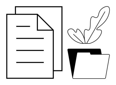 Basit bir saksı bitkisinin yanındaki dosya klasöründe satır ve belge var. Çalışma alanı organizasyonu için ideal, üretkenlik, iş verimliliği, ofis dekorasyonu, minimalist tasarım