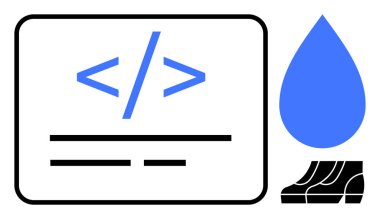 Mavi renkli semboller mavi bir su damlası ve soyut bir siyah-beyaz sohbet ikonu eşliğinde bir parantez içinde kodlanıyor. Teknoloji, kodlama, iletişim, veri, yenilik, yaratıcılık için ideal