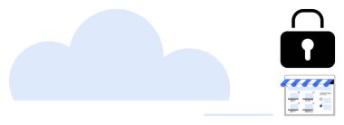 Bulut simgesi, güvenlik kilidi, dijital mağaza önü. Bulut depolama, veri koruma, çevrimiçi iş, siber güvenlik, e-ticaret dijital çözümleri güvenli işlemler için idealdir. Basit soyut