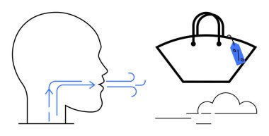 Nefes ile temsil edilen insan kafası illüstrasyonu oklarla, fiyat etiketli alışveriş torbası, bulut. Pazarlama, tüketici davranışı, iletişim, alışveriş alışkanlıkları, ekonomi ve psikoloji için ideal
