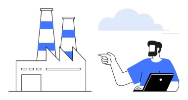 Endüstriyel fabrikayı dizüstü bilgisayarla gösteren adam, kontrol ya da yön ve uzaktan erişim öneriyor. Endüstri, yönetim, uzaktan kontrol, teknoloji entegrasyonu ve iş stratejisi için ideal