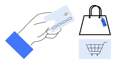 Elinde kredi kartı, etiketli alışveriş çantası ve alışveriş arabası ikonu var. Temalar için ideal İnternet alışverişi, perakende işlemleri, tüketim, ödeme yöntemleri, e-ticaret, dijital