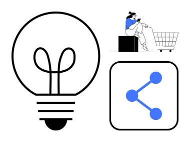 Mavili kadın alışveriş arabasının yanında akıllı telefon kullanıyor. Ampul, fikirleri sembolize ediyor. Birbirine bağlı düğümler. Çevrimiçi alışveriş, dijital pazarlama, yenilik, yaratıcılık, teknoloji, bağlantı için ideal
