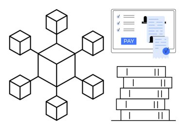 Çoklu düğümlere bağlı blok zinciri ağı, fatura ve ödeme düğmelerini gösteren online ödeme ekranı, yığınla kitap. Finansal teknoloji, ödeme güvenliği, veri bütünlüğü ve ademi merkeziyet için ideal