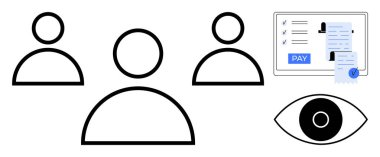 Üç isimsiz kullanıcı simgesi, Ödeme düğmesi ile işlem gösteren bilgisayar ekranı ve büyük bir göz simgesi. Güvenlik, anonimlik, dijital ödemeler, kullanıcı etkileşimi, izleme ve teknoloji için ideal