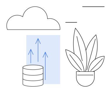 Yukarıdaki oklarla silindirik bir depo, yanında saksı bitkisi, bulut teknolojisini, veri depolamayı ve büyümeyi temsil ediyor. Teknoloji, veri eğilimleri, büyüme, sürdürülebilirlik yeniliği için ideal