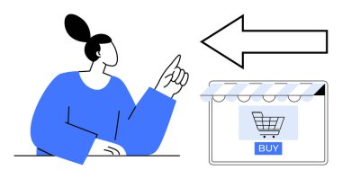 Kadın, alışveriş arabasının bulunduğu online bir mağaza penceresini işaret ediyor. Bir satın alma tuşu ve yönü gösteren büyük bir ok var. E-ticaret için ideal, çevrimiçi alışveriş, müşteri rehberliği, dijital
