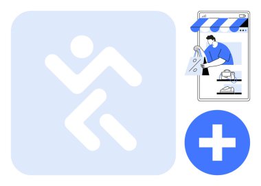 Dijital alışveriş sahnesi ve tıbbi haçla hareket eden soyut figürler. Çevrimiçi alışveriş, sağlık, dijital işlemler, kullanıcı arayüzleri, mobil uygulamalar, teknolojik gelişmeler için ideal