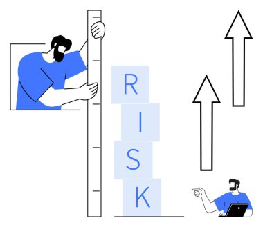 Yığılmış blokları dizüstü bilgisayarı ve yukarı bakan okları işaret eden başka bir kişiyle birlikte ölçen adam. Risk yönetimi, iş büyümesi, veri analizi, karar verme mekanizması için ideal