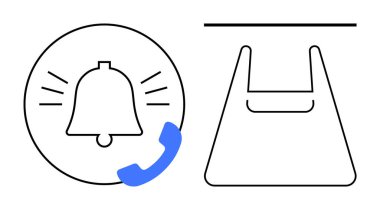 Alarm zili, ses hatları ve gelen aramayı gösteren mavi telefon, alışveriş poşeti ikonu, çizgiler ve minimalist stil sanatının bitişiğinde. İletişim, bilgilendirme, online alışveriş için ideal
