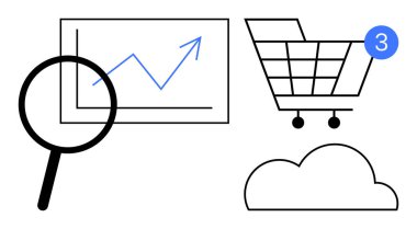 Grafik üzerinde büyüteç, tebligatlı alışveriş arabası ve bulut simgesi. Çevrimiçi alışveriş, veri analizi, bulut depolama, e-ticaret, pazar büyümesi, teknoloji hizmetleri müşterisi için ideal