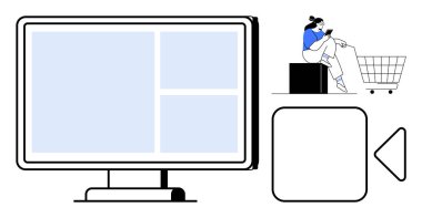 Yanında telefon, alışveriş arabası, mavi bölümlü bilgisayar ekranı ve navigasyon elemanları olan bir kadın oturuyor. E-ticaret, çevrimiçi alışveriş, mobil uygulamalar, kullanıcı arayüzü, tüketici davranışı için ideal
