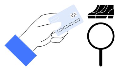 Elinde büyüteç ve parmak izi ikonları olan bir kredi kartı var. Temalar için ideal güvenlik, finans, kimlik doğrulama, çevrimiçi alışveriş, bankacılık, mahremiyet, soruşturma. Soyut