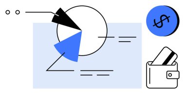 İçinde segmentler, cüzdanında kredi kartı ve dolar işareti olan turta grafiği. Finansal planlama, bütçe, yatırım, gider takibi, banka borç yönetimi tasarruf yönetimi için idealdir. Satır metaforu