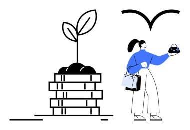 Yığınla bozuk paradan filizlenen bitki yatırım büyümesini sembolize ediyor ve elinde alışveriş poşetleriyle bozuk para tutan bir kadın. Finans, yatırım, ekonomi, tasarruf ve refah için ideal