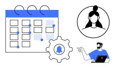 Mavi tarihli bir takvim, tebligat zili olan bir teçhizat, bir kadının yuvarlak profili, dizüstü bilgisayar kullanırken işaret eden bir adam. Takım çalışması, verimlilik, zamanlama, bildirimler için ideal