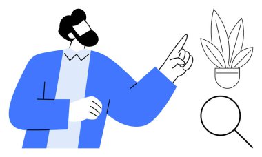 Saksı bitkisini ve büyüteçleri gösteren bir adam. Ticari büyüme, eğitim, araştırma, analiz, bilimsel keşif, öğrenme ve yenilik için idealdir. Kalın mavi ve beyaz soyut çizgi