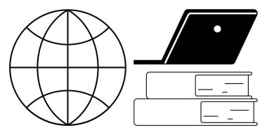 Dizüstü bilgisayarın yanındaki dünya ve istiflenmiş iki kitap küresel bilginin ve dijital bilginin altını çiziyor. Çevrimiçi eğitim, küresel öğrenim, e-öğrenme platformları, bilgi paylaşımı, yenilikçi teknolojiler için ideal