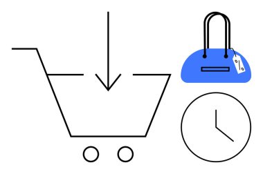 Aşağı bakan oklu alışveriş arabası, fiyat etiketli mavi çanta ve saat çizelgesi. Çevrimiçi alışveriş, perakende yönetimi, ecommerce uygulamaları, mağaza promosyonları, satış etkinlikleri, zaman sınırlı anlaşmalar için ideal