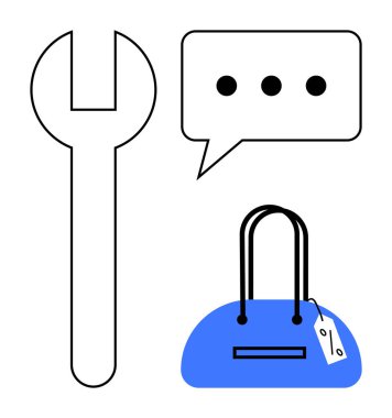 İngiliz anahtarı, konuşma balonu ve fiyat etiketli mavi çanta. Alışveriş, iletişim, onarım, satış, müşteri hizmetleri, perakende pazarlama ürünleri için ideal. Satır metaforu