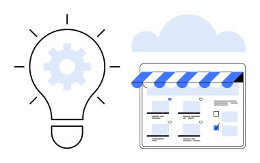 Vitesli ampul, internet mağazasının yanında bir bulut altında buluşları sembolize ediyor. E-ticaret, dijital pazarlama, bulut hesaplama, çevrimiçi iş, teknoloji girişimleri, yenilik, yaratıcı