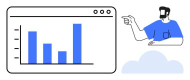 Ekranda dört dikey mavi çizgi bulunan bir bar çizelgesine işaret eden bir işadamı. Veri analizi, sunumlar, iş stratejisi, çevrimiçi toplantılar, ilerleme raporları, mali