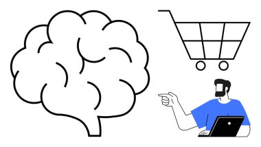 Mavi tişörtlü ve dizüstü bilgisayarlı biri alışveriş arabalarını ve beyin simgelerini gösteriyor, online alışveriş, fikir üretimini vurguluyor. E-ticaret, yenilik, yaratıcılık, teknoloji, karar verme, dijital