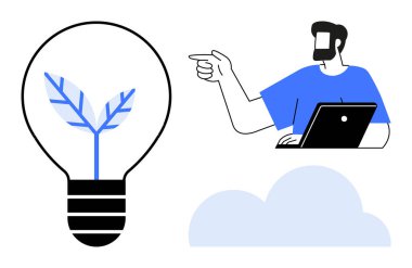 Filizlenen yapraklı ampul, dizüstü bilgisayar kullanırken bitişiğinde bir adam ve bulut şekli. Sürdürülebilirlik, yenilik, uzak çalışma, bulut hesaplama, çevre dostu, yaratıcılık dijital