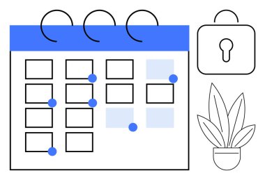 Takvim, güvenlik kilidi ve saksı bitkisinin yanındaki olayları gösteren mavi noktalarla işaretlenmiş. Zaman yönetimi, güvenlik, organizasyon, üretkenlik, planlama, işyeri verimliliği, soyut