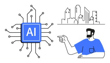 Devreli yapay zeka mikroçipi, işaret eden insan, şehir silueti. Teknoloji, yapay zeka gelişimi, akıllı şehirler, yenilik, insan-teknoloji etkileşimi dijital dönüşüm için ideal. Soyut