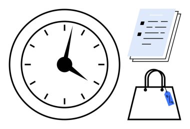 Saat yüzü, bir yığın belge ve beyaz arka planda etiketi olan bir alışveriş çantası. Zaman yönetimi, verimlilik, organizasyon, alışveriş, son teslim tarihleri ofis verimli iş akışı için idealdir. Soyut