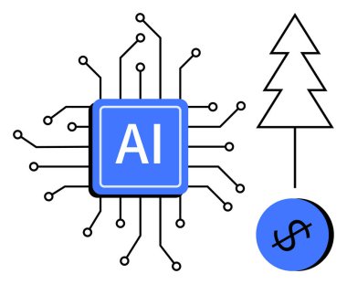 Mavi yapay zeka çipi siyah çizgiler, yeşil ağaç çizgileri ve dolar işaretli mavi çember ile bağlandı. Teknoloji, yapay zeka, sürdürülebilirlik, ekonomi, dijitalleştirme, yenilik ve gelecek kavramlar için ideal