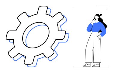 Büyük dişli dişlinin yanında düşünceli bir şekilde duran kadın. Yenilik için ideal, problem çözme, teknoloji, yaratıcılık, mühendislik, beyin fırtınası, verimlilik. Soyut çizgi düz metafor