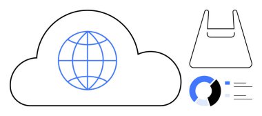 Küresel bulut hesaplamasını temsil eden içinde küre olan bir bulut. E-ticaret için alışveriş torbası. Veri analizi için pasta grafiği ve çubuklar. Teknoloji için ideal, küresel iletişim, e-ticaret, veri