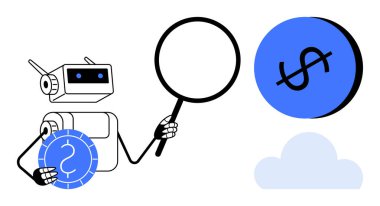 Robot elinde büyüteç ve para tutuyor, bulutlardaki mavi dolar ikonunu analiz ediyor, finansal analizleri iletiyor. Fintech, AI, otomasyon, veri analizi, bulut hesaplaması, ekonomik yenilik için ideal