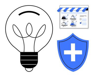 Fikirleri temsil eden ampul, çevrimiçi alışverişi gösteren mağaza önü tarayıcı penceresi ve güvenlik için haçlı kalkan. Ecommerce, online alışveriş, yenilik, siber güvenlik, teknoloji için ideal