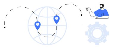 Kesik çizgiler, vites simgesi ve işaret eden kişi tarafından birbirine bağlanmış iki harita işaretli dünya. Navigasyon, takım çalışması, teknoloji, küresel ulaşım, proje yönetimi, yön ve dijital için ideal