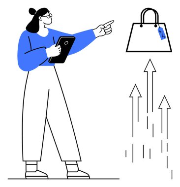 Elinde bir tablet bulunan iş kadını, fiyat etiketli bir alışveriş çantasına işaret ederken, yukarı çıkan oklar büyüme ve başarıyı simgeliyor. E-ticaret, iş stratejisi, perakende, satış büyümesi ve pazarlama için ideal
