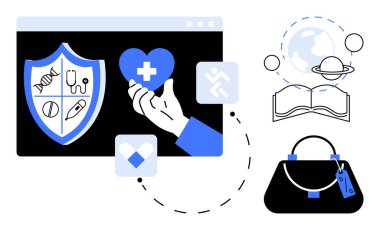 Sağlık sembollü kalkan, tıbbi haçlı el ele tutuşan kalp, dünya ile açık kitap, el çantası. Sağlık, eğitim, küresel iletişim, moda, yenilik için ideal online güvenlik bilimi